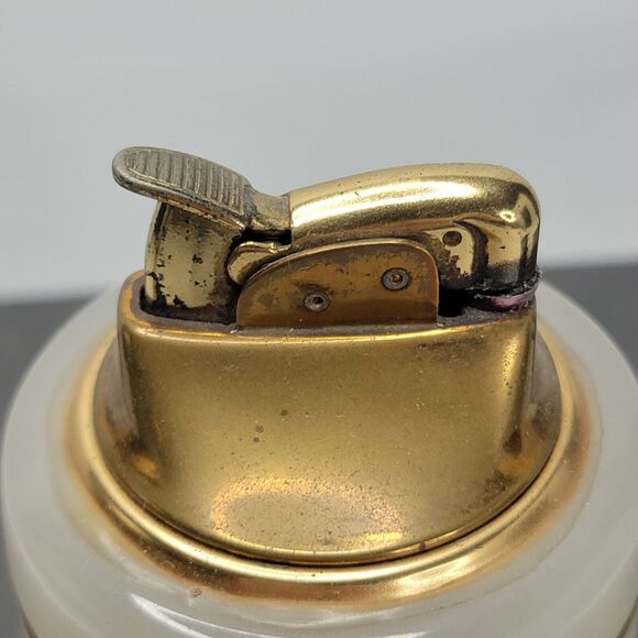 Vintage Evans Table Lighter Milk Glass  Brass Gold Details - Picture 7 of 11